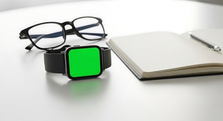 Modern workspace setup with a laptop computer featuring a green screen for mockup on a sunlit cafe table.