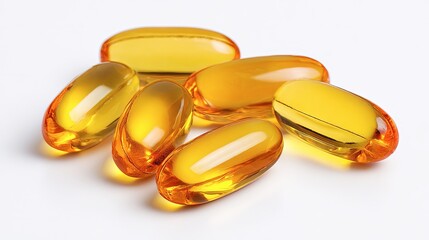 A small pile of golden gel capsules gleam on a stark white background with beautiful reflections.