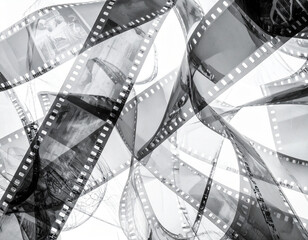 Abstract tangle of processed 35mm film strips in black and white, showing sprocket holes and glimpses of frames. Perfect for retro or photographic backgrounds.