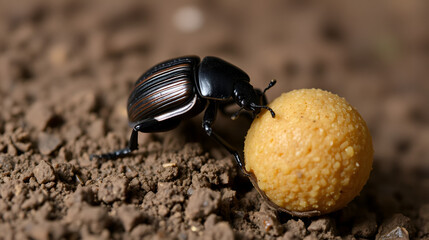Close-up view of a dung beetle rolling a feces ball up a slope.