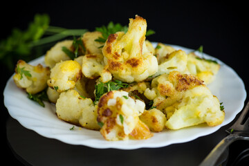 Vegetable dish of fried cabbage with aromatic spices on a black background