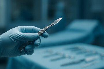 Gloved hand holding a surgical scalpel poised for incision, with a blurred background showing an organized surgical instrument table and an operating bed in a sterile, clinical setting.