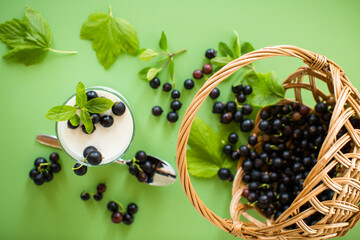 Natural berry yogurt, isolated on green surface