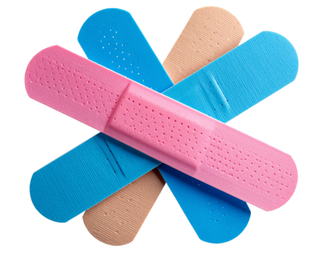 Set of Three Colorful Adhesive Bandages in Blue, Pink, and Green, stacked in X shape.