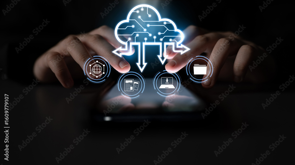 Poster cloud computing enables digital growth with secure data storage, scalable infrastructure, and strate
