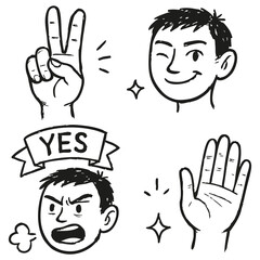 Expressive abstract face and hand line art – surreal emotional sketch in bold black and white ink, hand-drawn doodle illustration on transparent background.