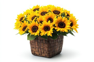 Obraz premium Fresh yellow sunflower blooms in a vase, isolated against a white background