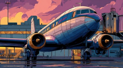 Fototapeta premium Retro airplane at sunset airport