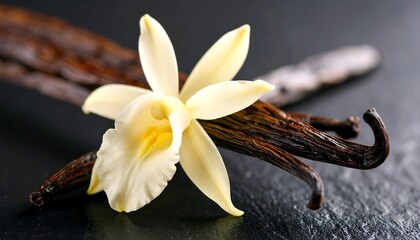 Close-up of vanilla orchid and beans