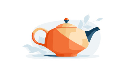 Orange teapot with blue handle on a light abstract background  