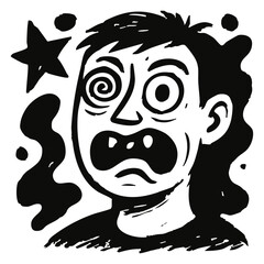 Expressive abstract face line art – surreal emotional sketch in bold black and white ink, hand-drawn doodle illustration on transparent background.
