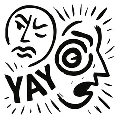 Expressive abstract face line art – surreal emotional sketch in bold black and white ink, hand-drawn doodle illustration on transparent background.