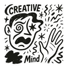 Expressive abstract face and hand line art – surreal emotional sketch in bold black and white ink, hand-drawn doodle illustration on transparent background.