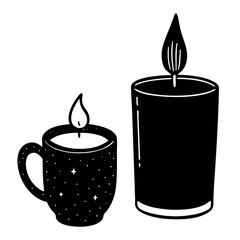 Black and white illustration Lit candles in mug and cylindrical holder; minimalist, mystical, spa mood.