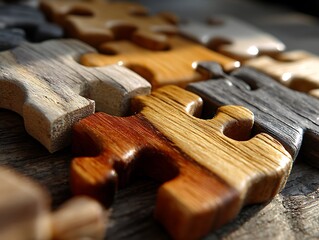Closeup of Diverse Wooden Puzzle Pieces  Teamwork with Solutions, and Creativity.