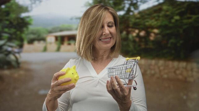 Woman smiles while holding yellow piggy bank and miniature shopping cart in hands outdoors; frugality.