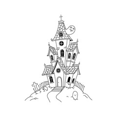 Naklejka premium Spooky Halloween Haunted House Illustration Black and White Line Drawing Ghosts Graveyard
