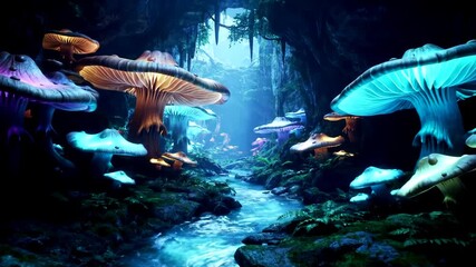 Slow forward camera journey through an enchanted cave with a glowing river and giant bioluminescent mushrooms - Powered by Adobe