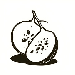 Minimalist woodcut illustration of a sliced quandong fruit with visible seeds