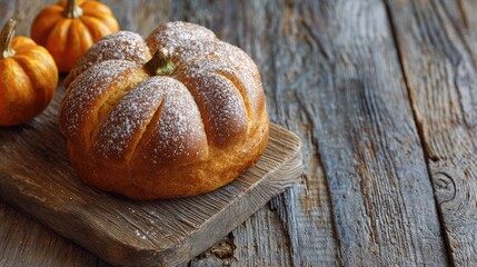 Delicious pumpkin-shaped bun dusted with sugar sits on rustic wood with autumn pumpkins nearby.