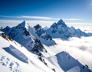 Snow-capped mountain peaks pierce a vast, cloud-filled sky. A snowy slope leads to the peaks