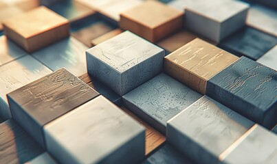 Elevated geometric wood block array in varying tones and textures close up