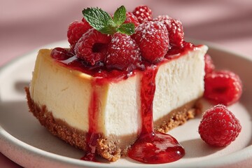Raspberry cheesecake close-up features juicy berries, a luscious sauce, and a fresh mint sprig on a plate, showcasing a delightful dessert