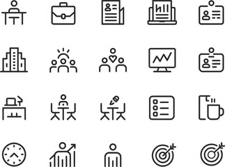 Collection of business and office related icons in a clean line art style