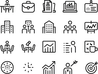 Collection of modern business and office icons in a clean line art style