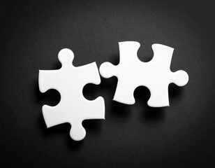 Obraz premium Two clean white jigsaw puzzle pieces on a stark dark background, poised to connect. Symbolizes solutions, connection, teamwork, or finding a fit. Minimalist concept.