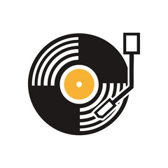 Retro Vinyl Record Music Icon. Modern graphic depicting an old-fashioned phonograph disc on a player, radiating auditory signals. Symbolizes classic sound and timeless entertainment.