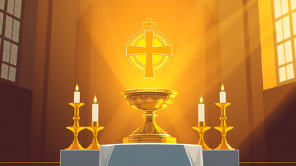 golden Sacrament of the Eucharist, Holy Communion, Corpus Christi, Monstrance- vector illustration