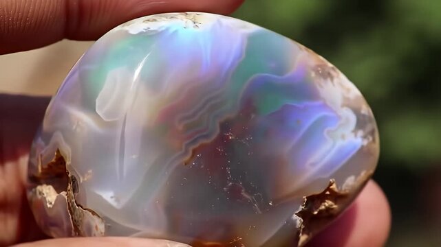 Iridescent polished gemstone with internal banding held up by fingers