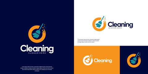 Circular-style cleaning logo, broom and water effect, vector graphic design.