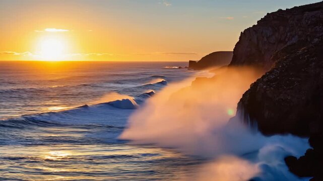 Wide shot of dramatic ocean waves crashing against sharp coastal cliffs at sunset