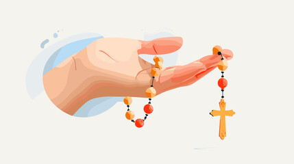 Hand holding rosary beads with wooden cross on soft background  