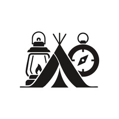Outdoor Camping Expedition Tools. Vector illustration featuring vital equipment for wilderness exploration. A classic shelter, glowing lantern, and accurate compass represent discovery and nature.