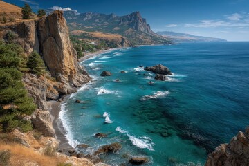 Fototapeta premium Daytime view of Cape Opuk, Crimea featuring a rocky coastline and the turquoise sea