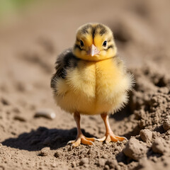 Small chick struggling to walk in the dirt with a wobbly stance and an adorable appearance