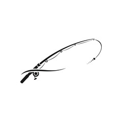 Minimalist Fishing Rod Graphic. Sleek monochromatic vector illustration of an angling pole with reel and bobber. Symbolizes outdoor leisure, patience, and aquatic sport.