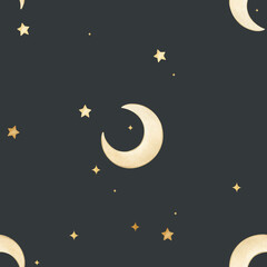 Naklejka premium Halloween Watercolor seamless pattern illustration on muted blue-green background with gold star and moon, cute spooky elements collection for kids party, invitation, card, decoration, digital paper