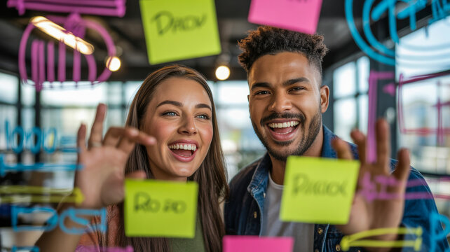 Creative coworkers laughing while adding neon sticky notes to a glass idea wall in an open-plan design studio
