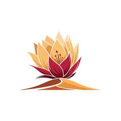 Vibrant Lotus Bloom Illustration. An elegantly stylized blossom emerging from a sandy base. This colorful botanical emblem signifies spiritual enlightenment, purity, and enduring beauty.