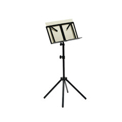 A miniature, sleek, matte black metal sheet music stand with a tripod base, isolated on a transparent studio background with diffuse lighting, 3/4 view, professional product display concept