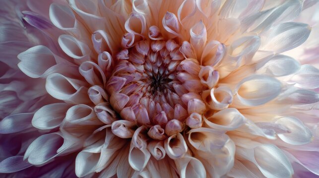 Close-up showing the delicate petals of a pastel dahlia flower in full bloom, revealing its intricate texture and soft color palette
