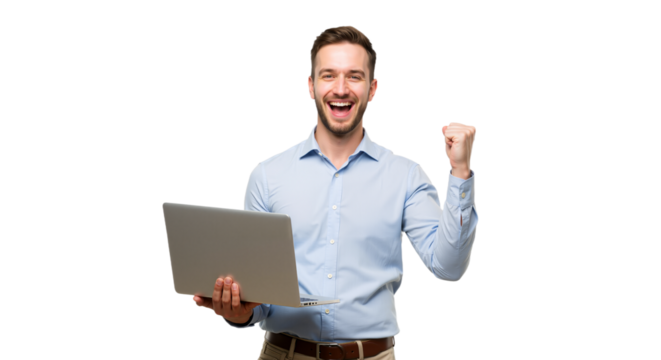 Energetic Professional with Laptop: Celebrating Success and Digital Engagement