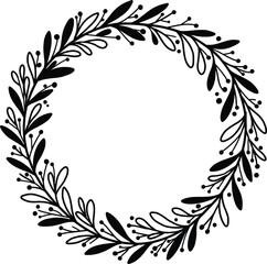 Solid black and white color silhouette of a laurel wreath with a crown 