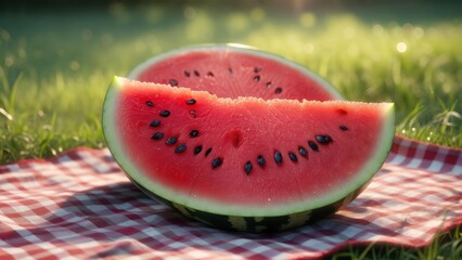 Watermelon slices on a picnic blanket