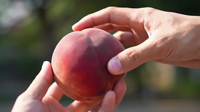 A reddish-yellow peach held by hands with a blurred green background