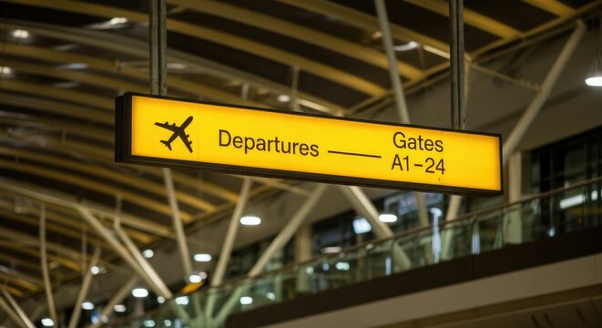 A yellow departure sign in an airport terminal. The sign indicates gates A1 to A24. The terminal features modern architecture and bright lighting. - Powered by Adobe